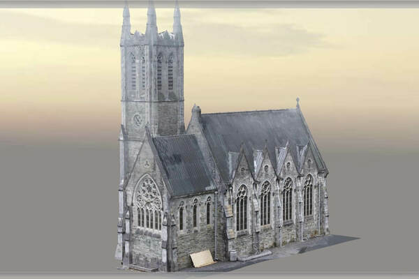 A 3D model of the Gothic chapel, featuring a tall, pointed steeple, a sloped roof, and arched windows.