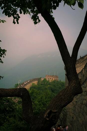 Dark tree branches frame the Great Wall of China winding over lush green hills toward a stone watchtower with arched windows. Many small figures walk on the wall under a hazy, pale purple sky.